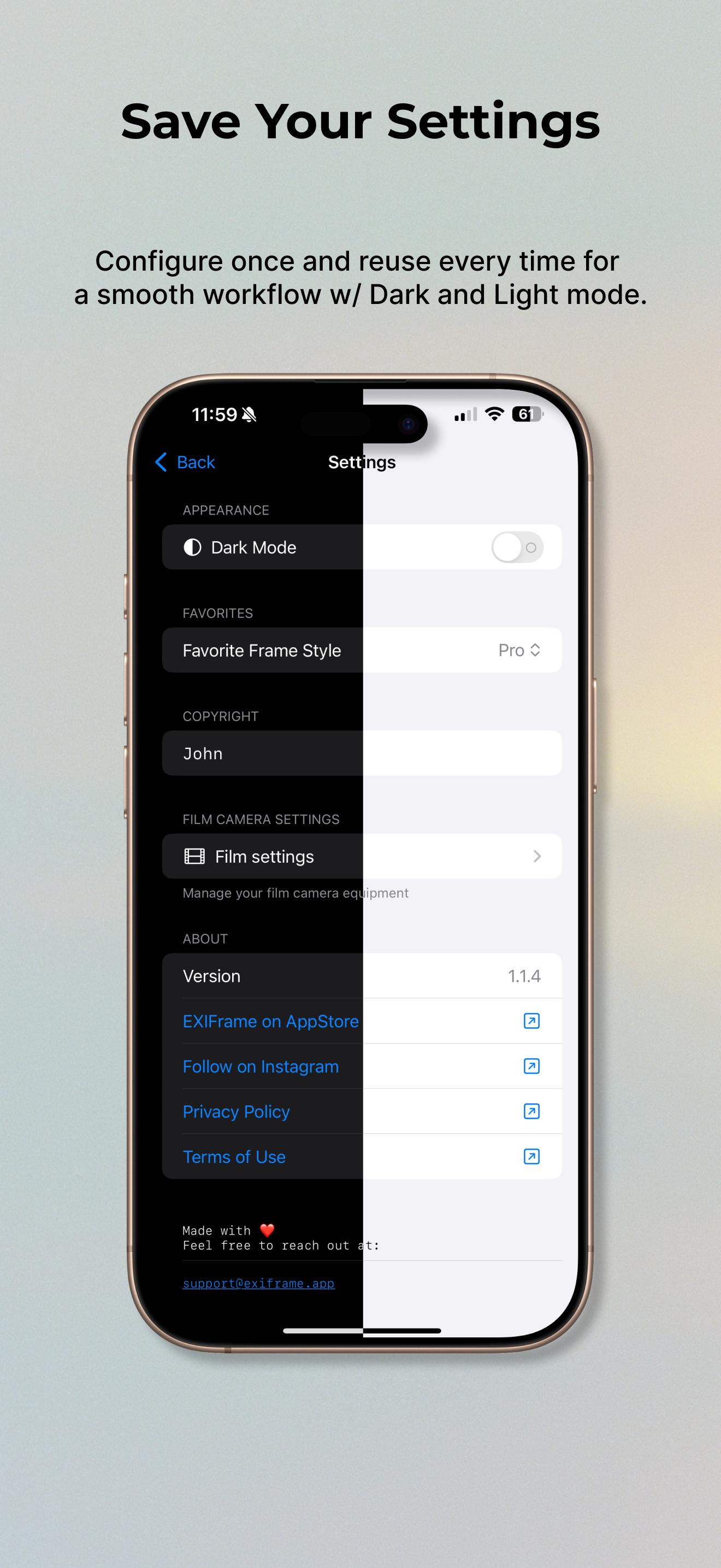 EXIFrame - Save Your Settings
